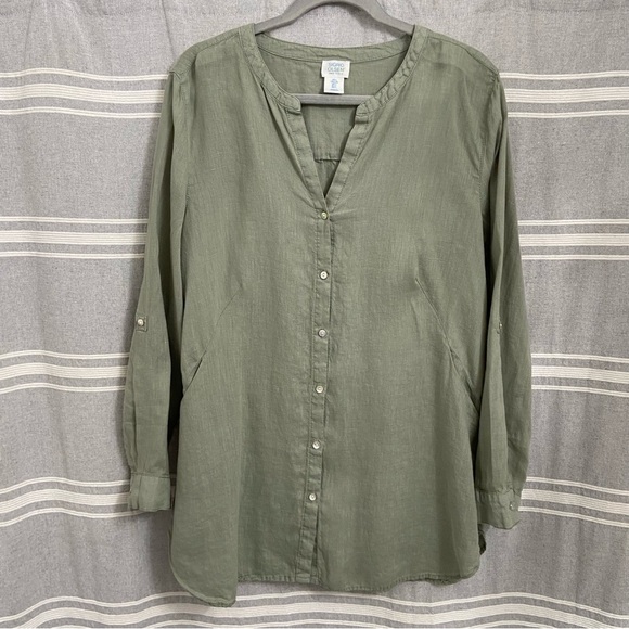 SIGRID OLSEN / Green Linen Long Sleeve Button Front Shirt Size L - Picture 3 of 12
